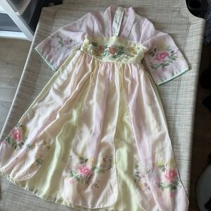 Chinese Kids Girls Embroidered Pink Floral Hanfu Dress Flared Sleeve Size 120 4Y
